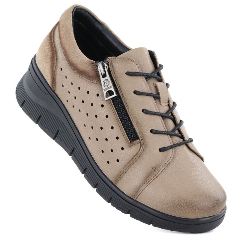 Women's leather openwork wedge shoes, beige, Vinceza 39977