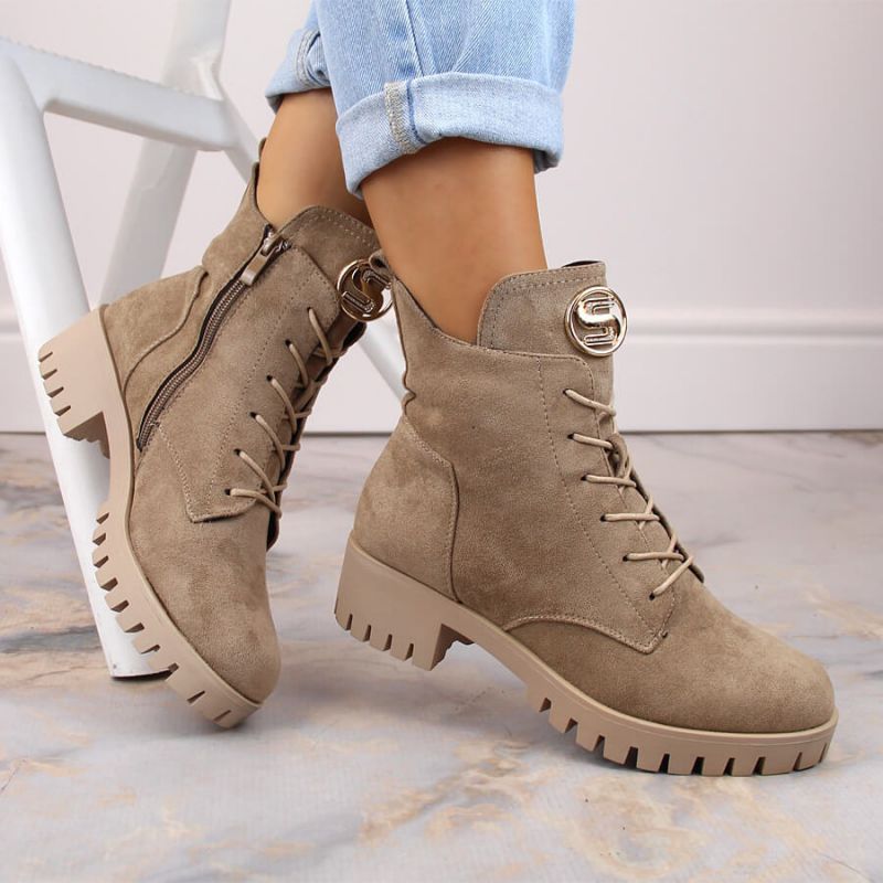 Insulated suede ankle boots with high heel and platform M.Daszyński W SAN22, beige