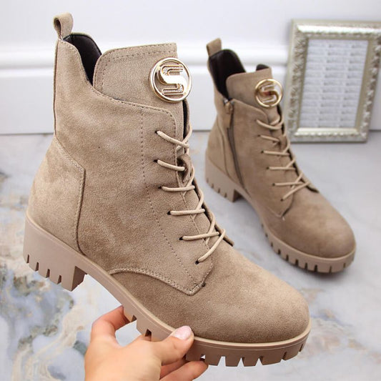 Insulated suede ankle boots with high heel and platform M.Daszyński W SAN22, beige