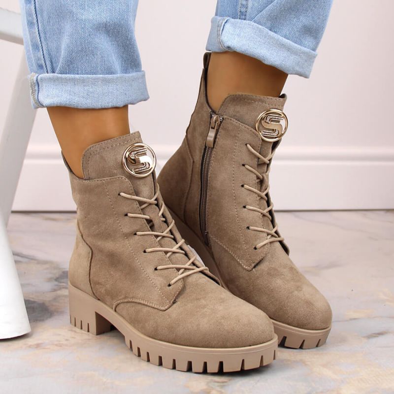 Insulated suede ankle boots with high heel and platform M.Daszyński W SAN22, beige