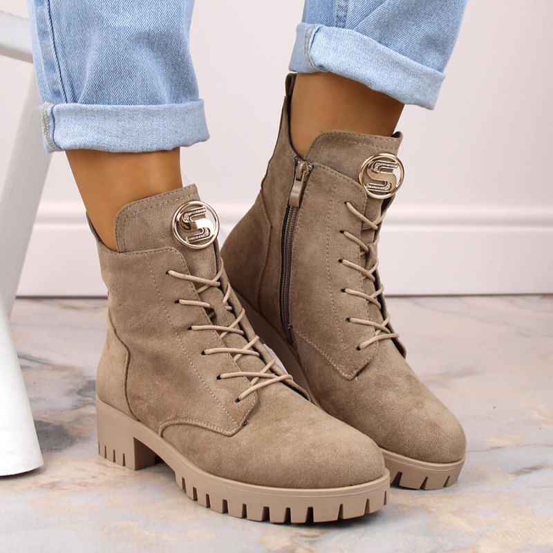 Insulated suede ankle boots with high heel and platform M.Daszyński W SAN22, beige