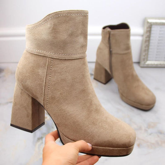 Insulated suede ankle boots with a high heel and platform M.Daszyński W SAN24B, beige