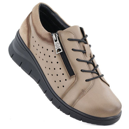 Women's leather openwork wedge shoes, beige, Vinceza 39977