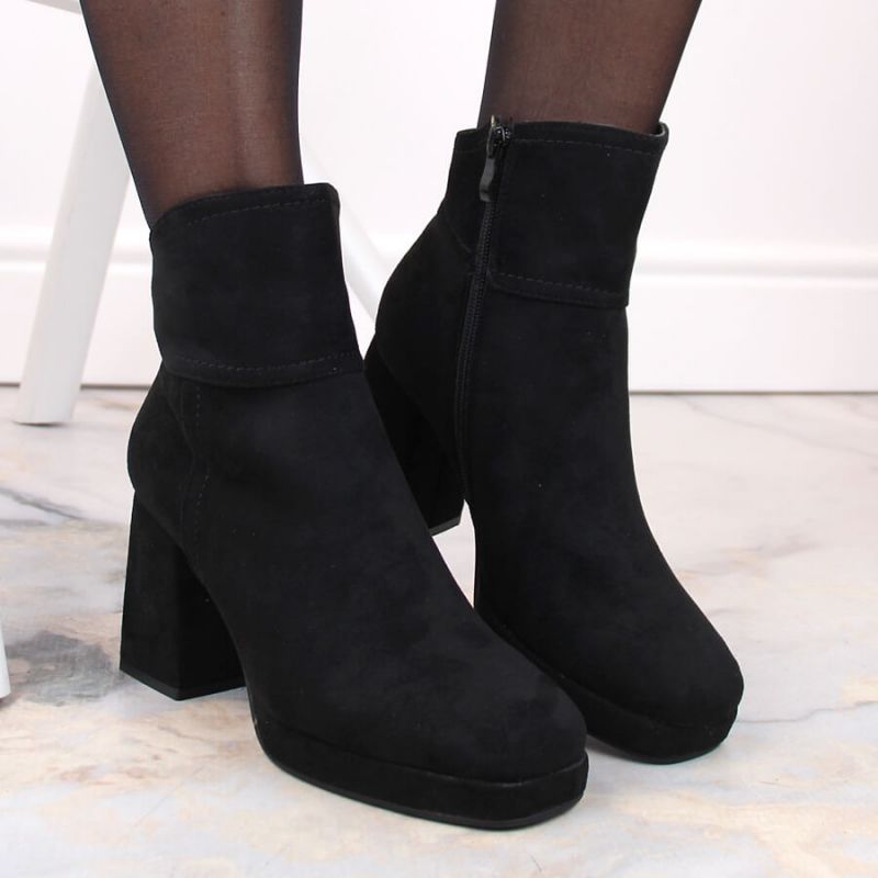 Suede ankle boots with a high heel and a platform, insulated M.Daszyński W SAN24A, black