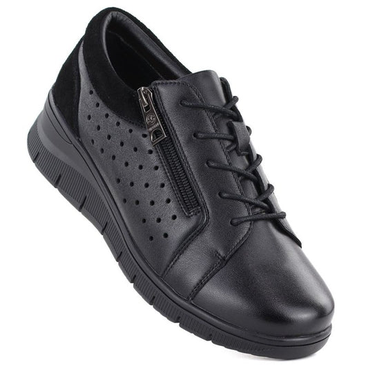 Women's leather openwork wedge shoes, black Vinceza 39977