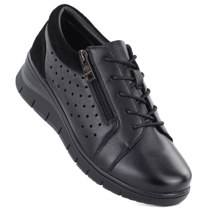 Women's leather openwork wedge shoes, black Vinceza 39977
