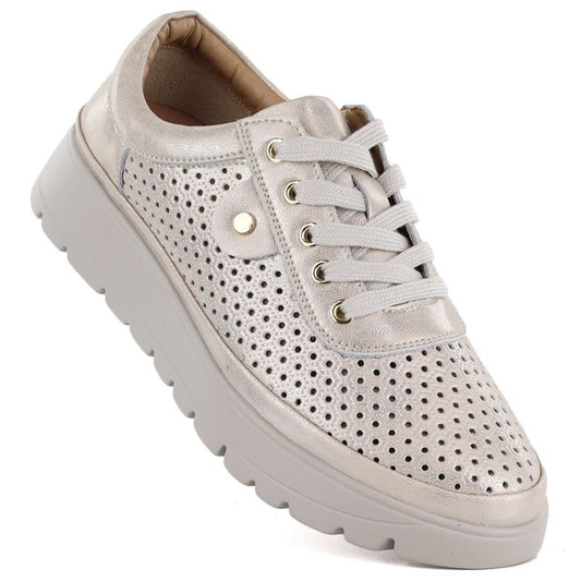 Women's leather openwork shoes, gold, Vinceza 79629