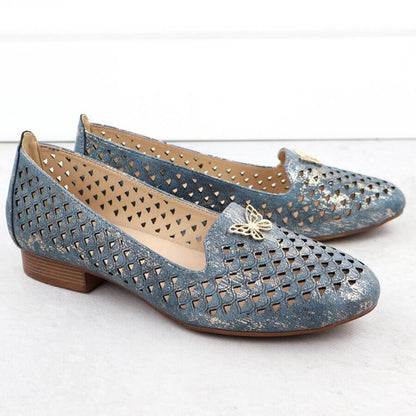 Women's openwork low-heeled shoes, blue M.Daszyński SA222-3