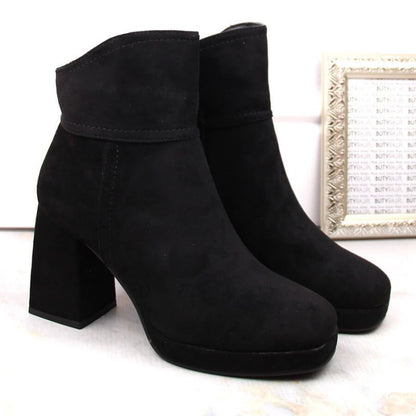 Suede ankle boots with a high heel and a platform, insulated M.Daszyński W SAN24A, black