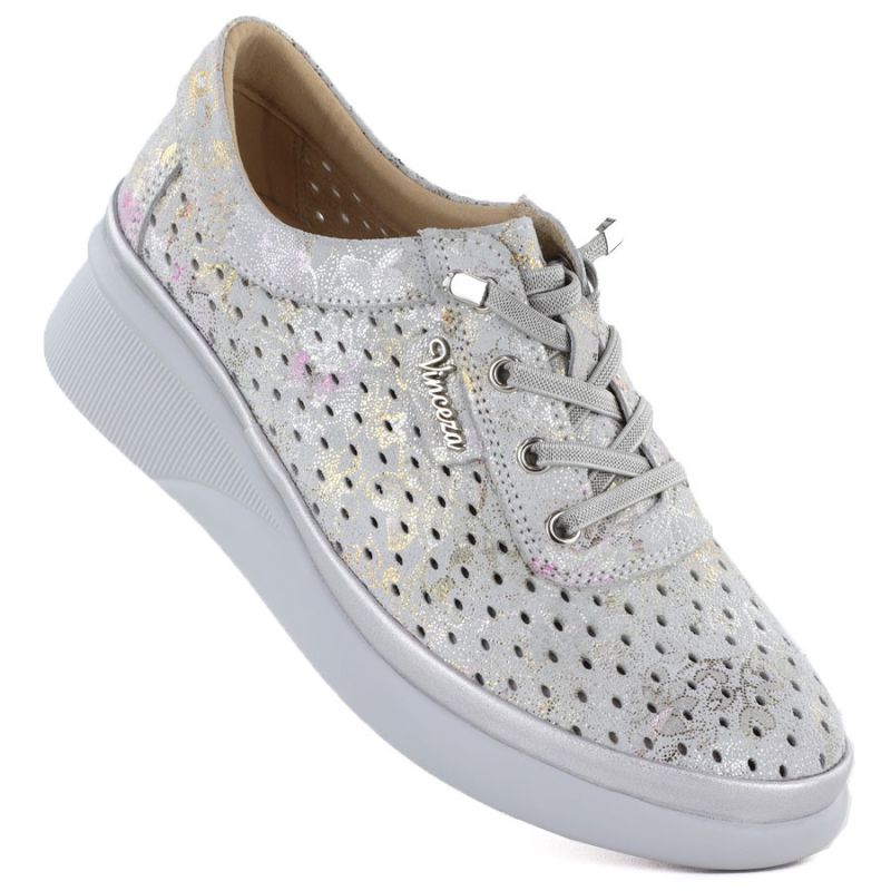 Women's leather openwork wedge shoes, gray Vinceza 79603