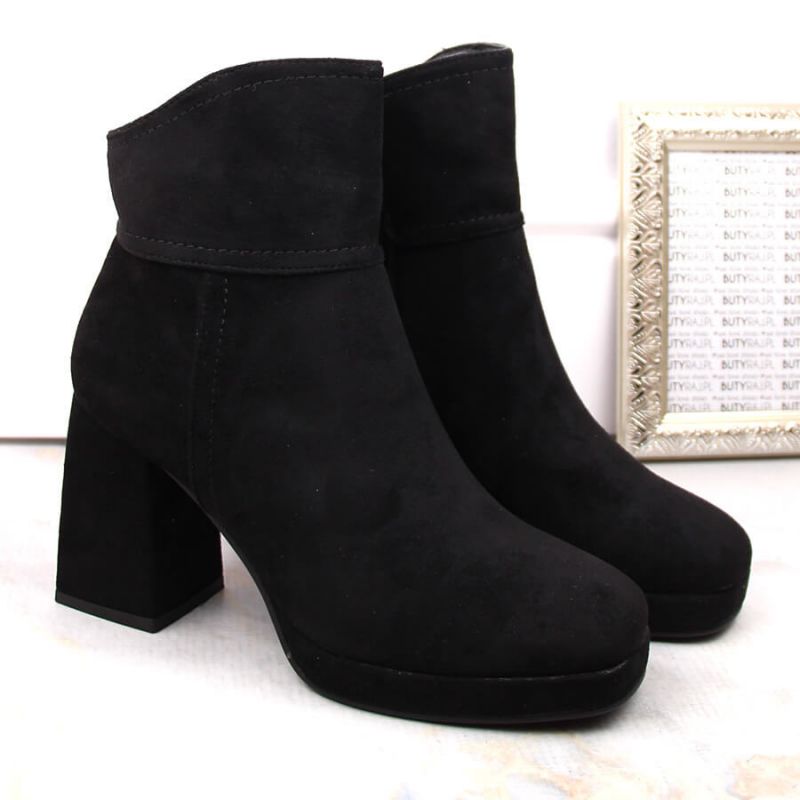 Suede ankle boots with a high heel and a platform, insulated M.Daszyński W SAN24A, black
