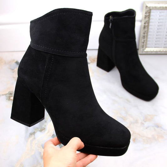 Suede ankle boots with a high heel and a platform, insulated M.Daszyński W SAN24A, black