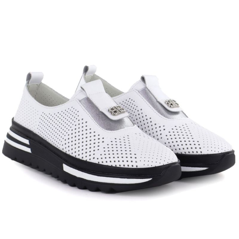 Women's leather openwork platform shoes, white, S.Barski 7092