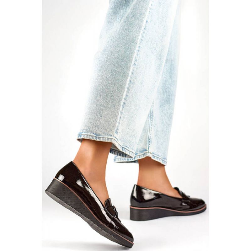Women's patent leather wedge shoes, black 24-58266B