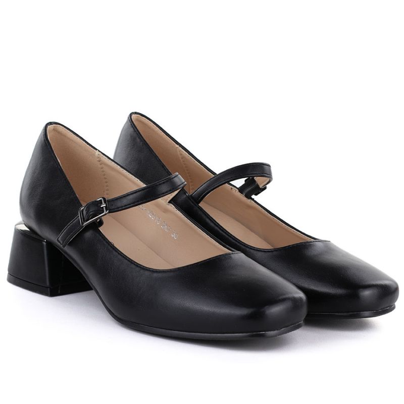 Women's block heel shoes with a strap, black Potocki 12815