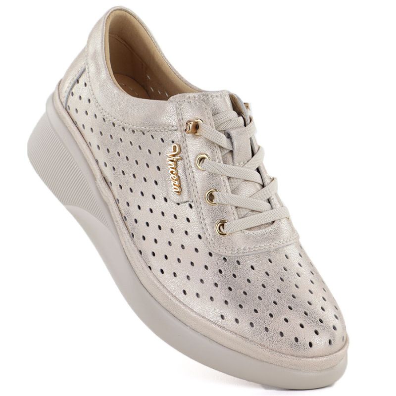 Women's leather openwork wedge shoes, gold, Vinceza 79603
