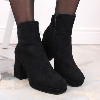 Suede ankle boots with a high heel and a platform, insulated M.Daszyński W SAN24A, black