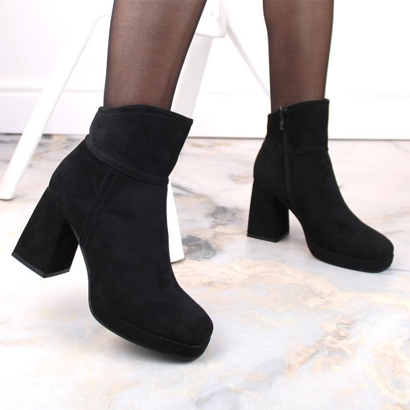 Suede ankle boots with a high heel and a platform, insulated M.Daszyński W SAN24A, black