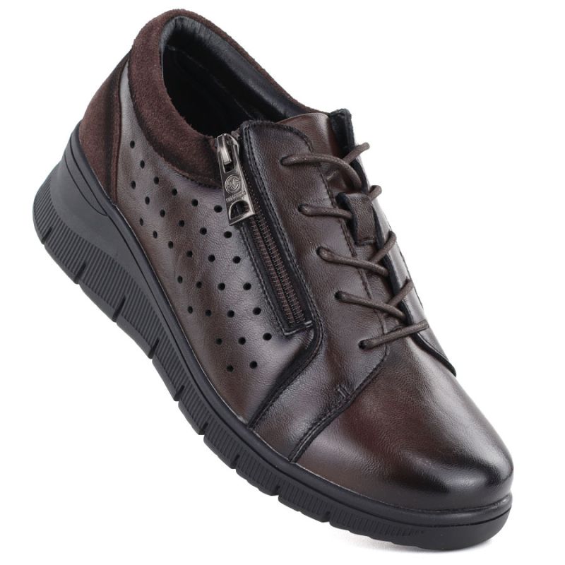 Women's leather openwork wedge shoes, brown Vinceza 39977