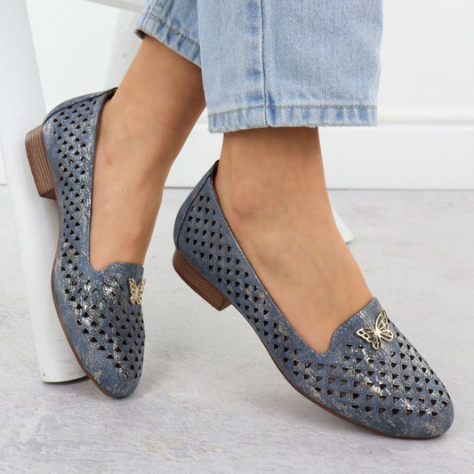 Women's openwork low-heeled shoes, blue M.Daszyński SA222-3