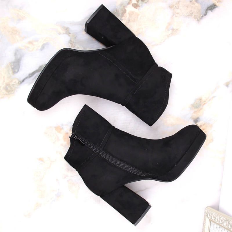 Suede ankle boots with a high heel and a platform, insulated M.Daszyński W SAN24A, black
